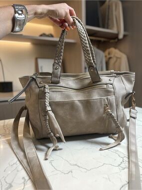Angel Kiss Taupe Hobo Shoulder Bag Braided Strap Multi Pocket Purse